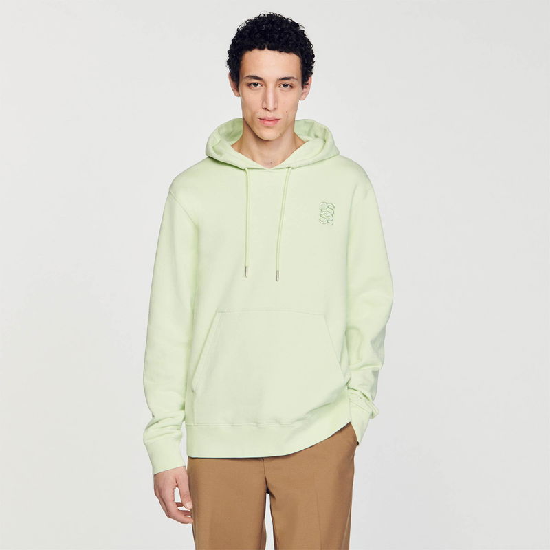 Pale green hooded sweatshirt with embroidered logo, worn by a young man.