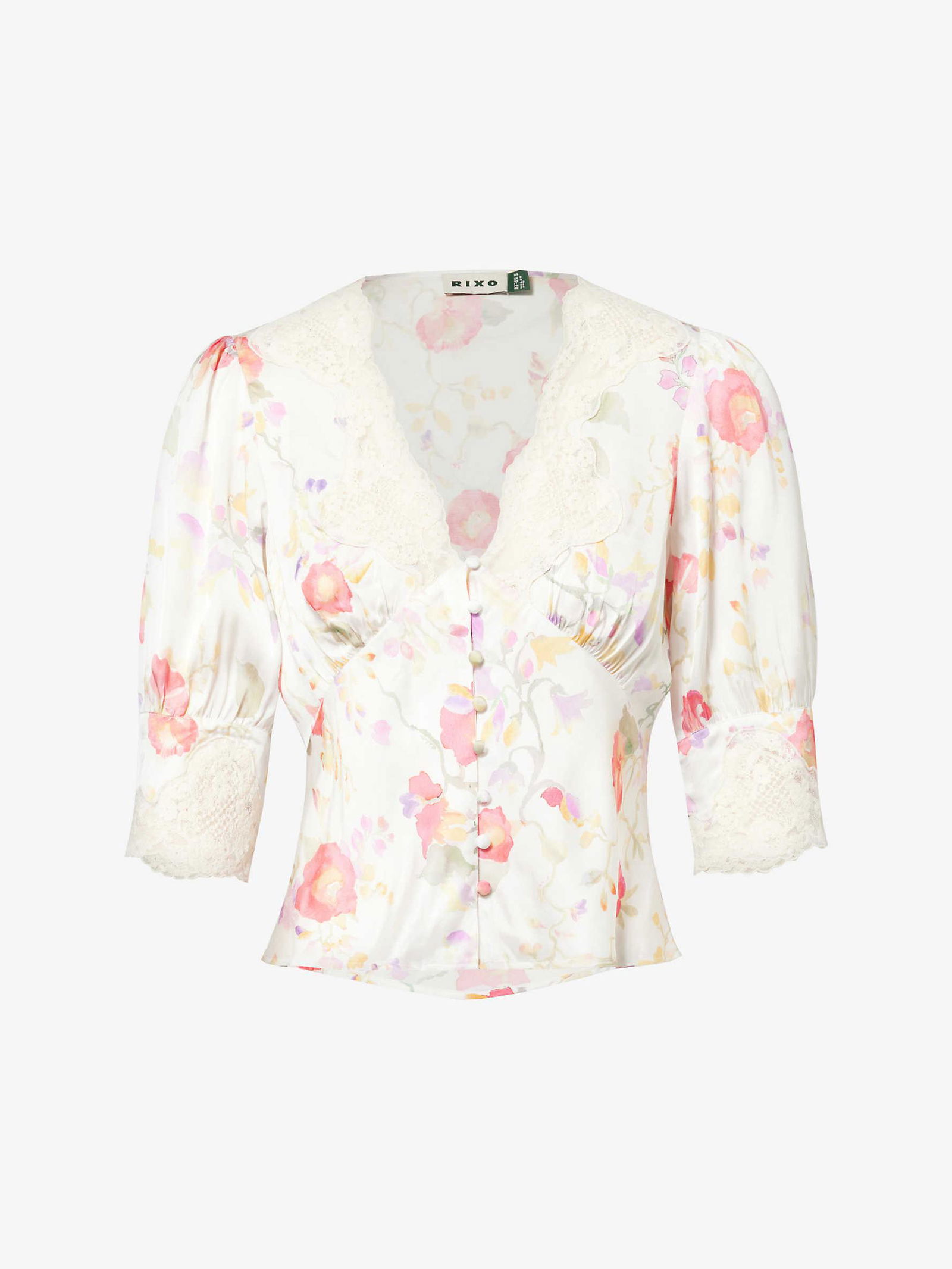 RIXO Amanda Floral-Print Satin Top in Waterblossom Ivory | Endource