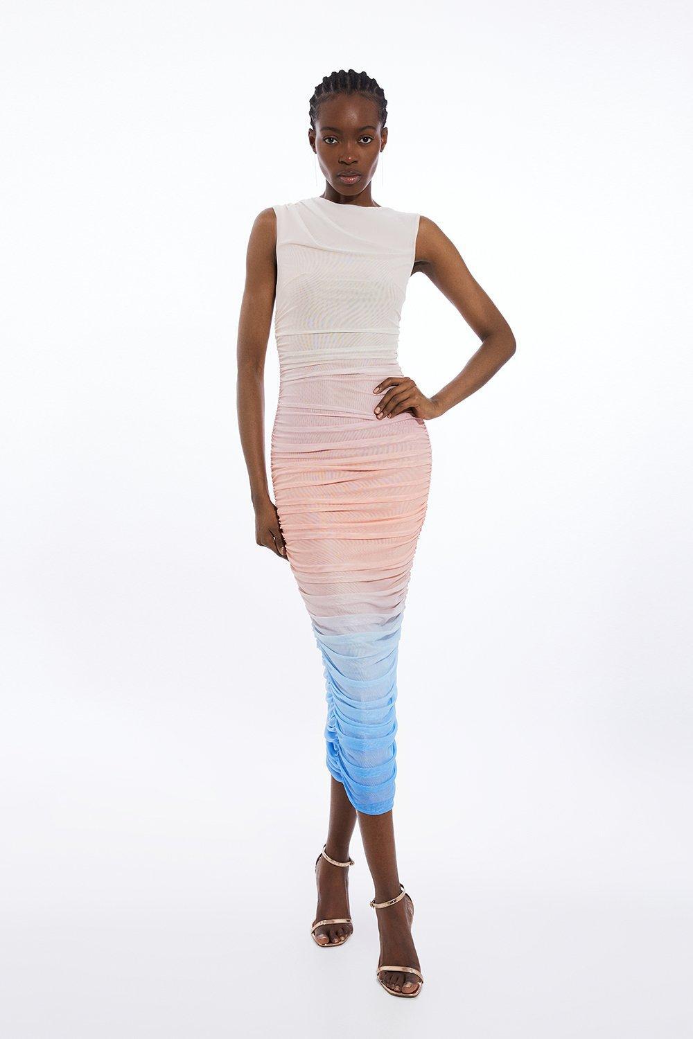 Karen Millen Sunset Ombre Mesh Ruched Jersey Maxi Dress In Multi 