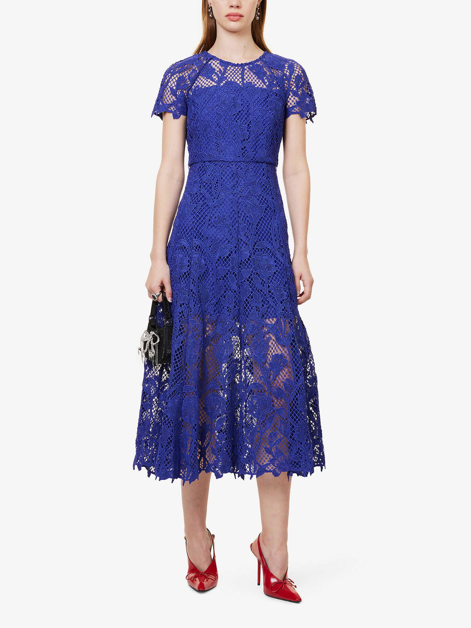 SELF-PORTRAIT Floral-Embroidered Lace Midi Dress | endource