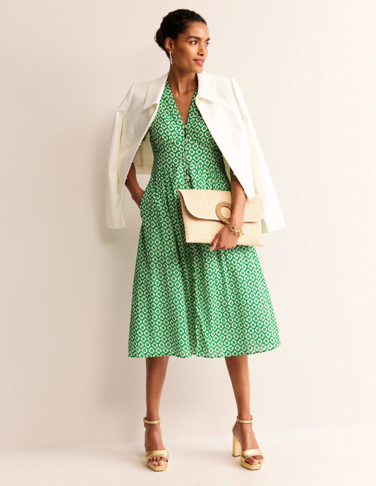 long sleeve midi dress high neck Long-Sleeved Midi Dress with Flared Skirt in Plain Navy Silk
