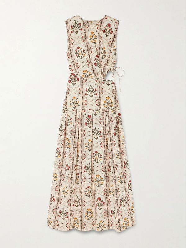 Agua by Agua Bendita Otoño Andes Embellished Cutout Pleated Printed Cotton Midi Dress