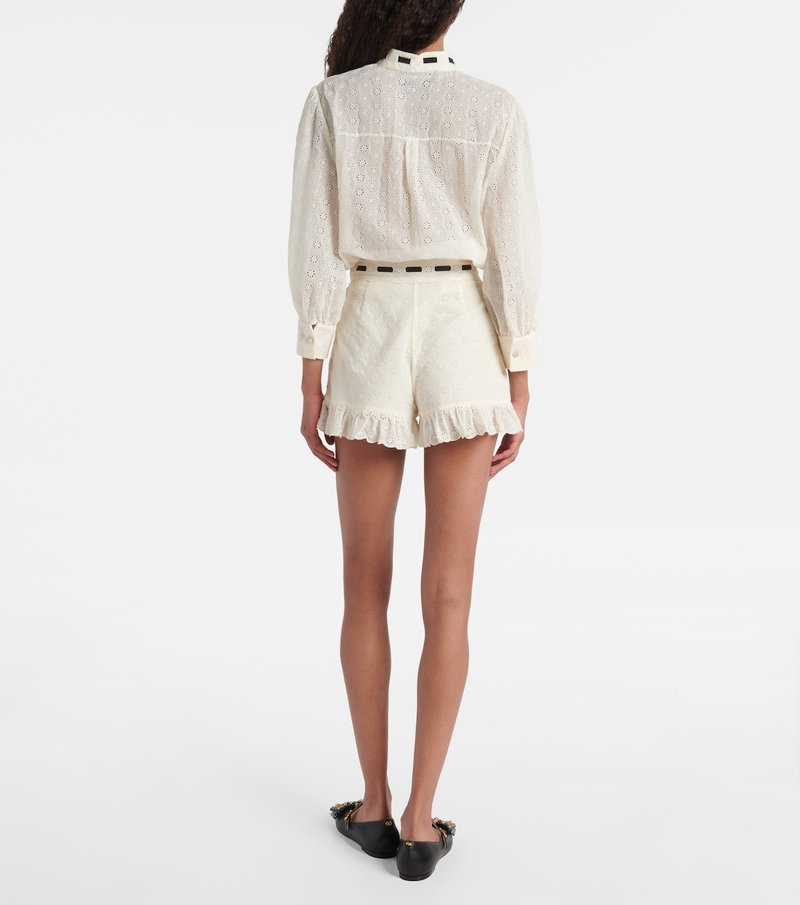 White embroidered blouse and shorts set, back view