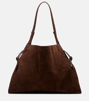Brown suede tote bag with leather handles and knotted accents