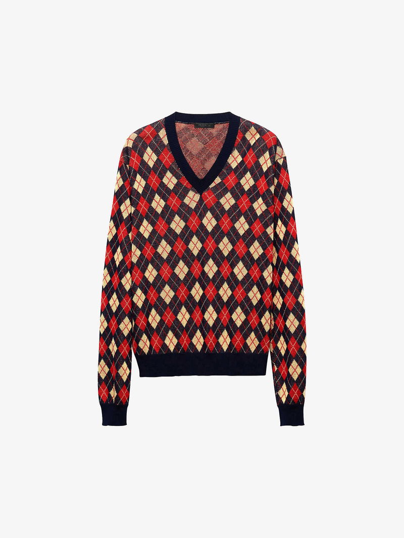 PRADA Argyle-Pattern V-Neck Cotton Knit Sweatshirt in Blue | endource