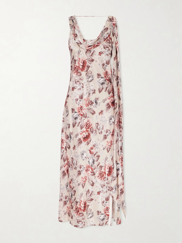 Acne Studios Tie-Detailed Draped Floral-Print Satin Midi Dress