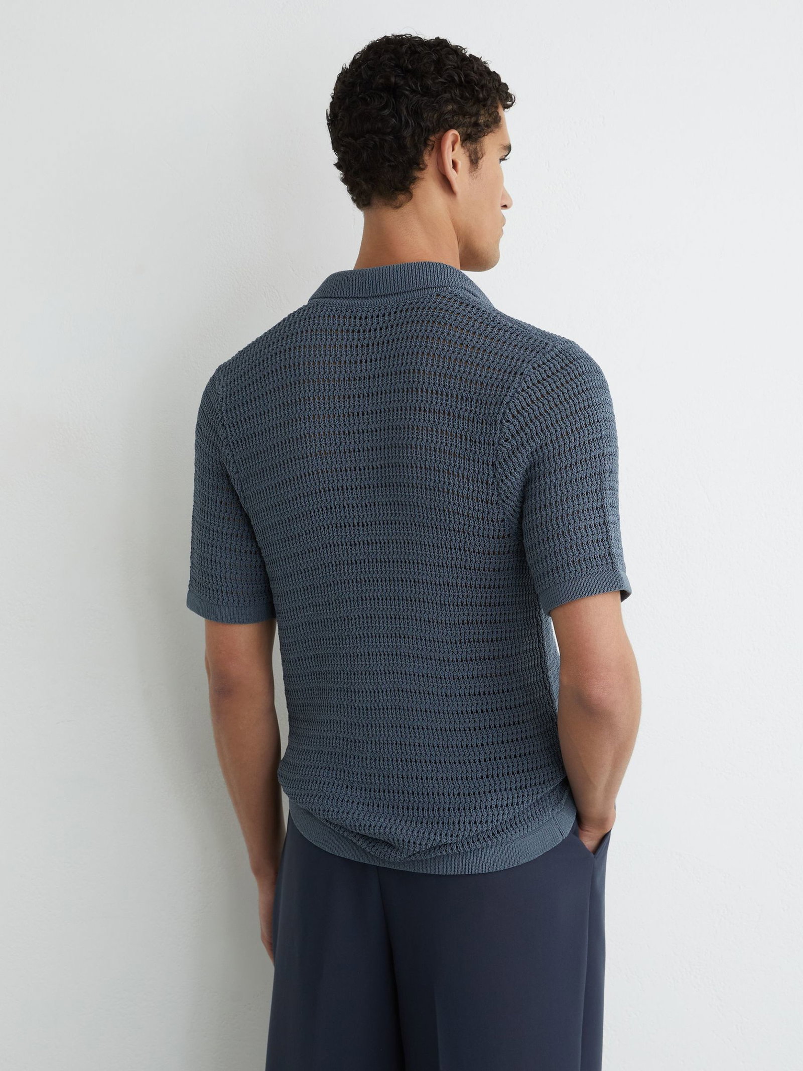 REISS Buzzard Open-Knit Button-Through Shirt In Airforce Blue | endource