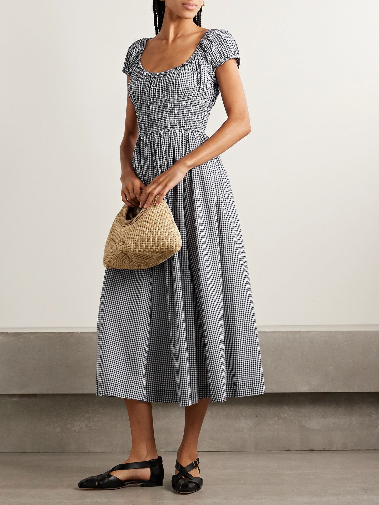 knee length dresses for ladies Rihoas Brown Gingham Smocked Midi Dress Puff Sleeve Ruffle Neck for Summer Picnic Casual