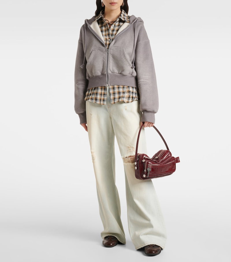 Gray hooded sweatshirt and checkered shirt outfit, Acne Studios.