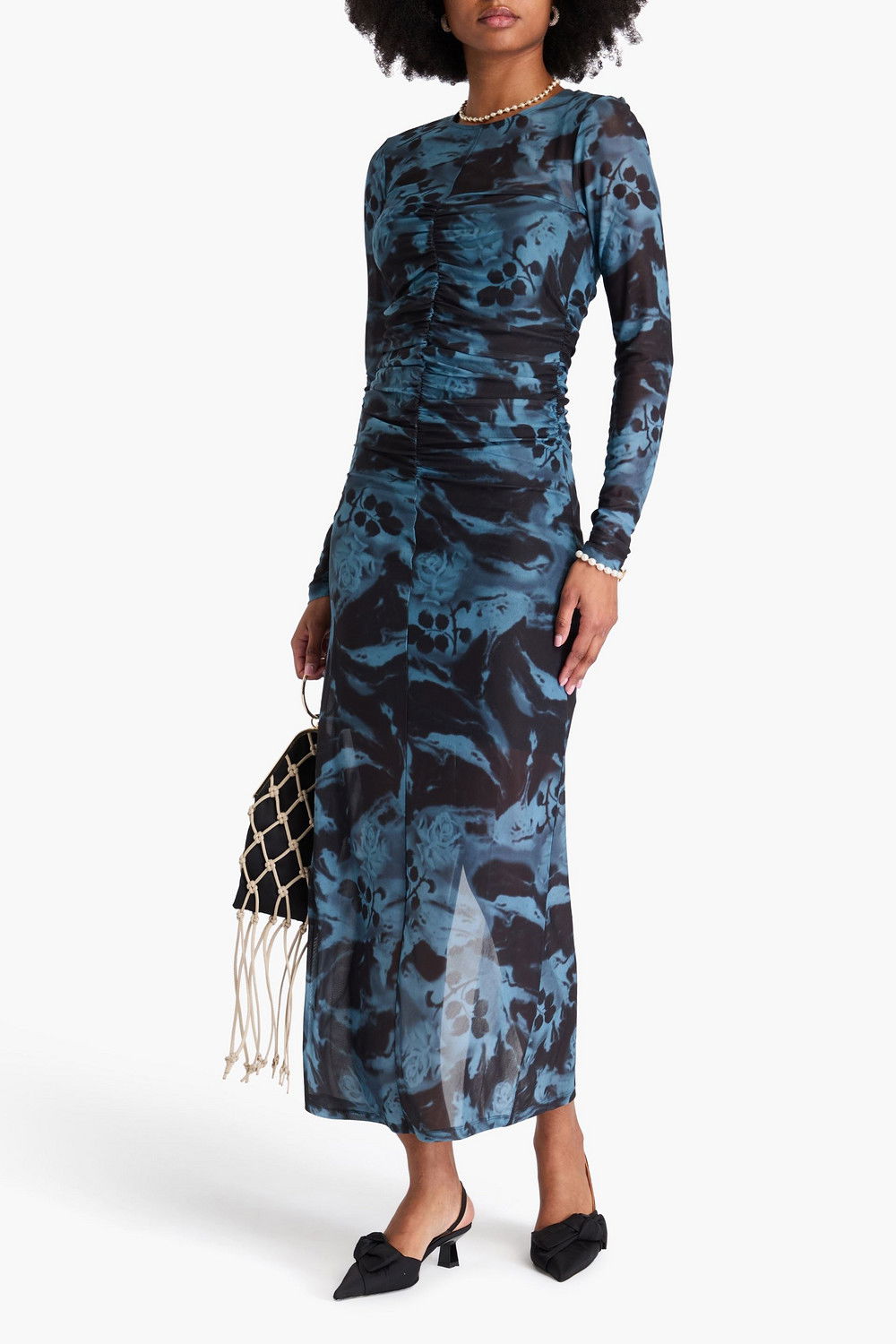 ganni printed ruched mesh maxi dress GANNI Ruched Printed Stretch-Mesh Maxi Dress