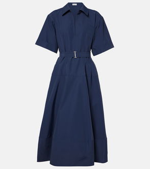 Navy belted midi dress in crisp cotton, featuring a gathered skirt.