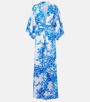 Blue coral print kimono dress with a plunging neckline