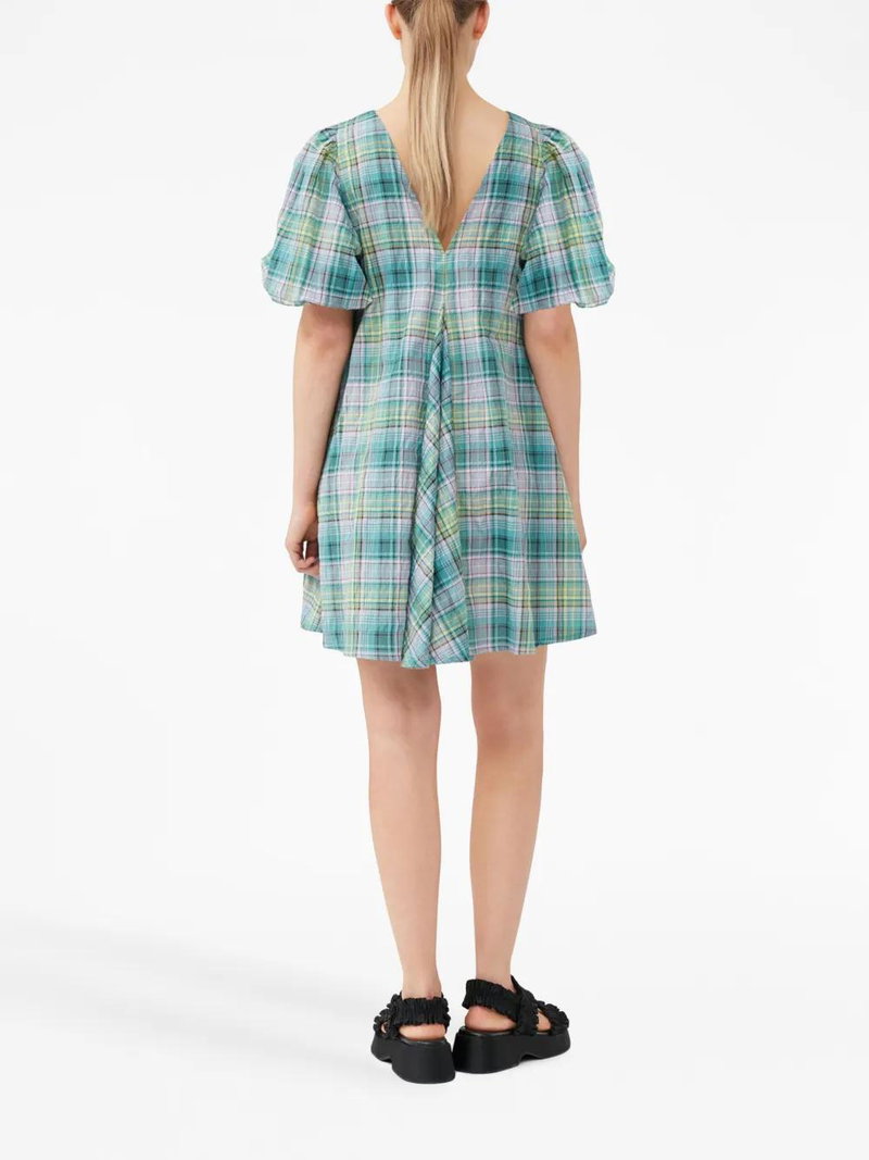 ganni green check mini dress Seersucker Check Ribbon Mini Dress