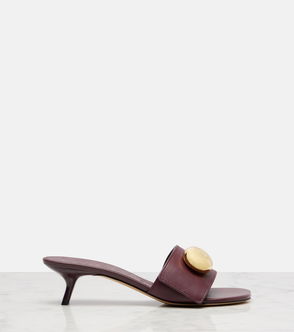 Dark maroon leather slide heel with gold embellishment