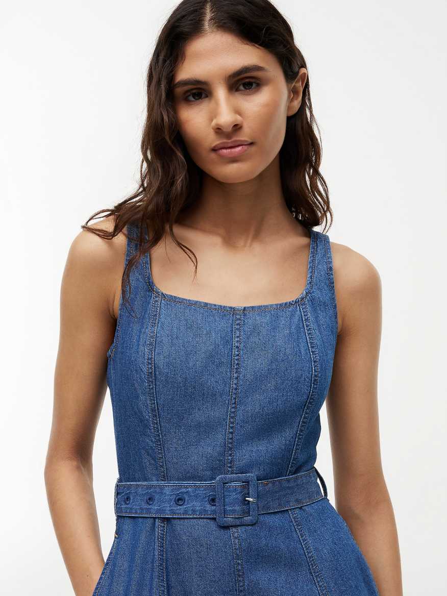tommy hilfiger denim midi dress Belted Denim Fit And Flare Midi Dress | Blue