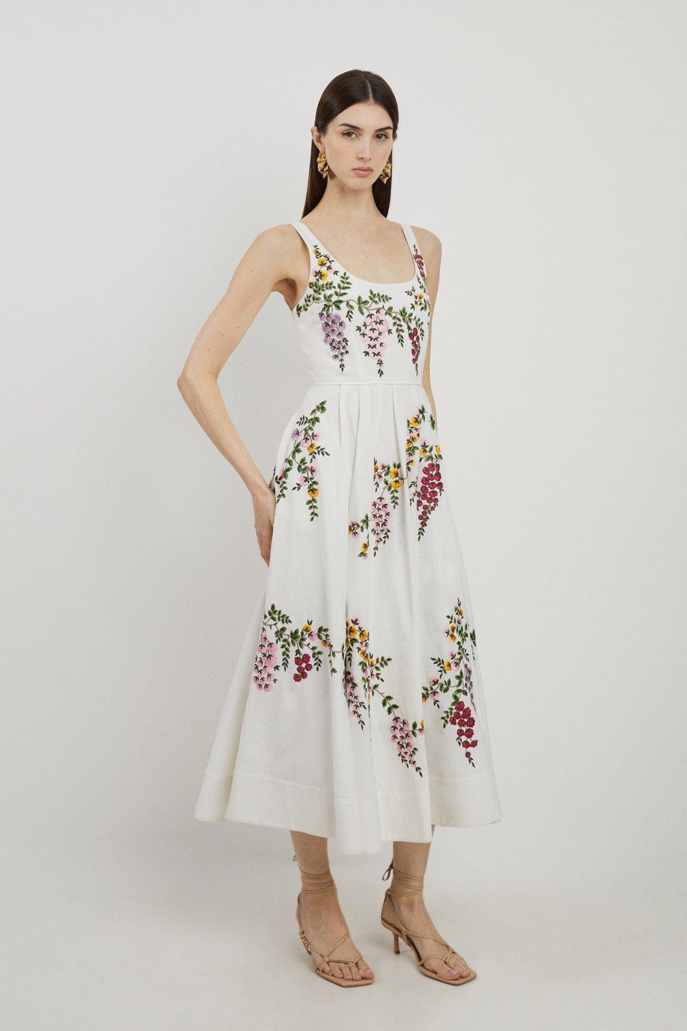 KAREN MILLEN Floral Embroidered Cotton Linen Woven Prom Dress in Floral ...