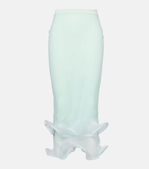 Light pink ribbed midi skirt with layered ruffle detailing