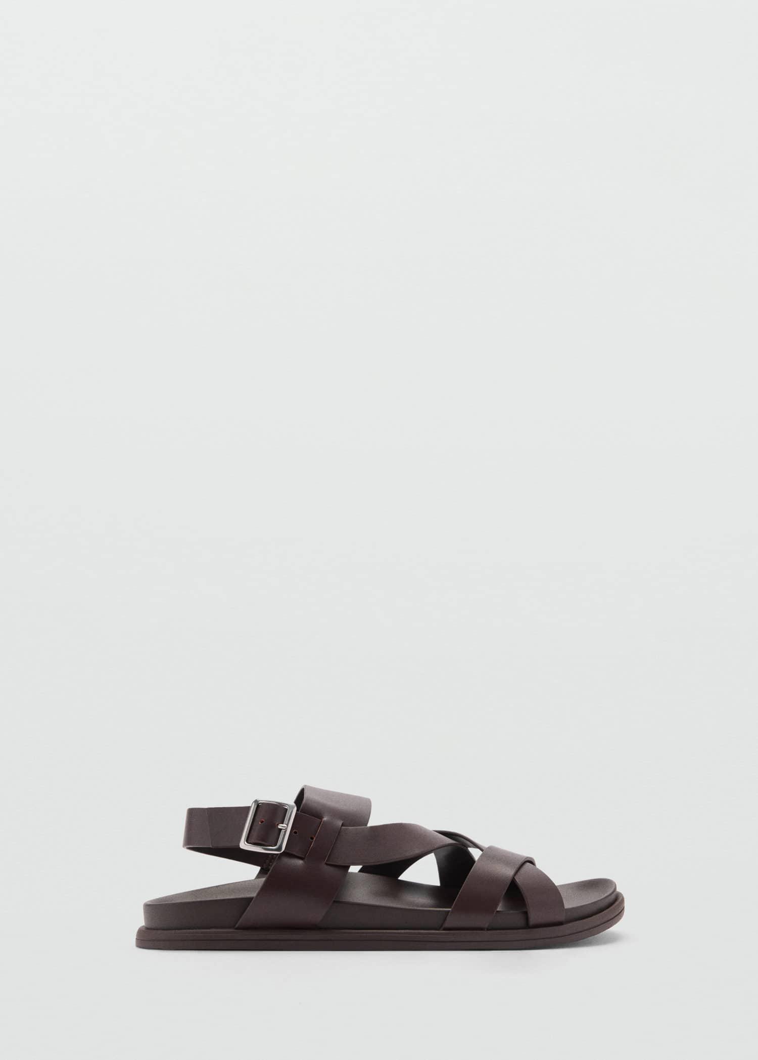 MANGO 100% Leather Crossed Strap Sandal in Chocolate | Endource