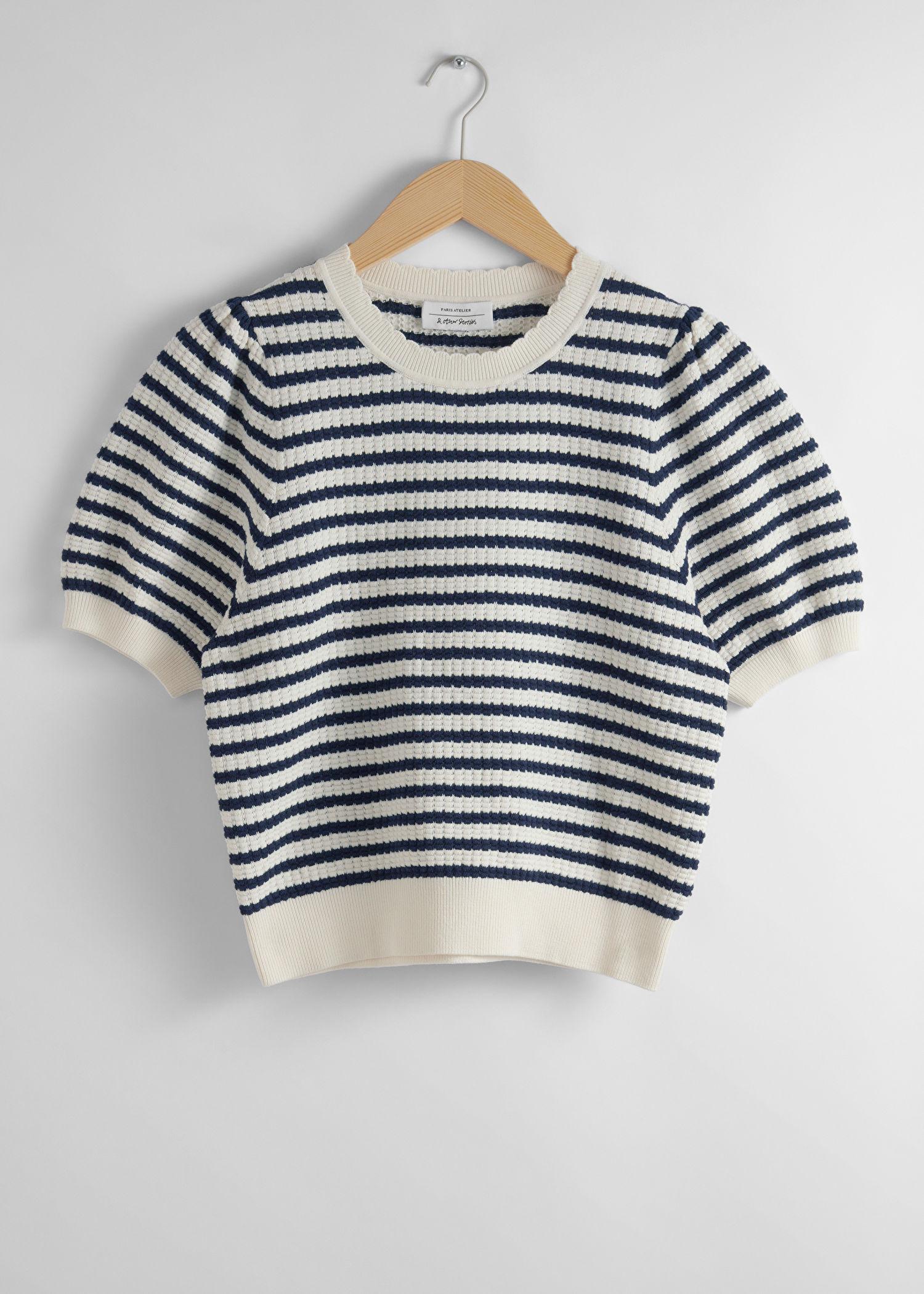 & OTHER STORIES Scalloped Knit Top in Navy/White Stripes | Endource