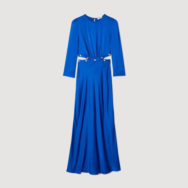 Blue satin gown with cut-out detailing and long sleeves