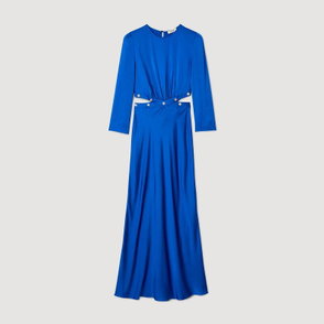 Blue satin gown with cut-out detailing and long sleeves