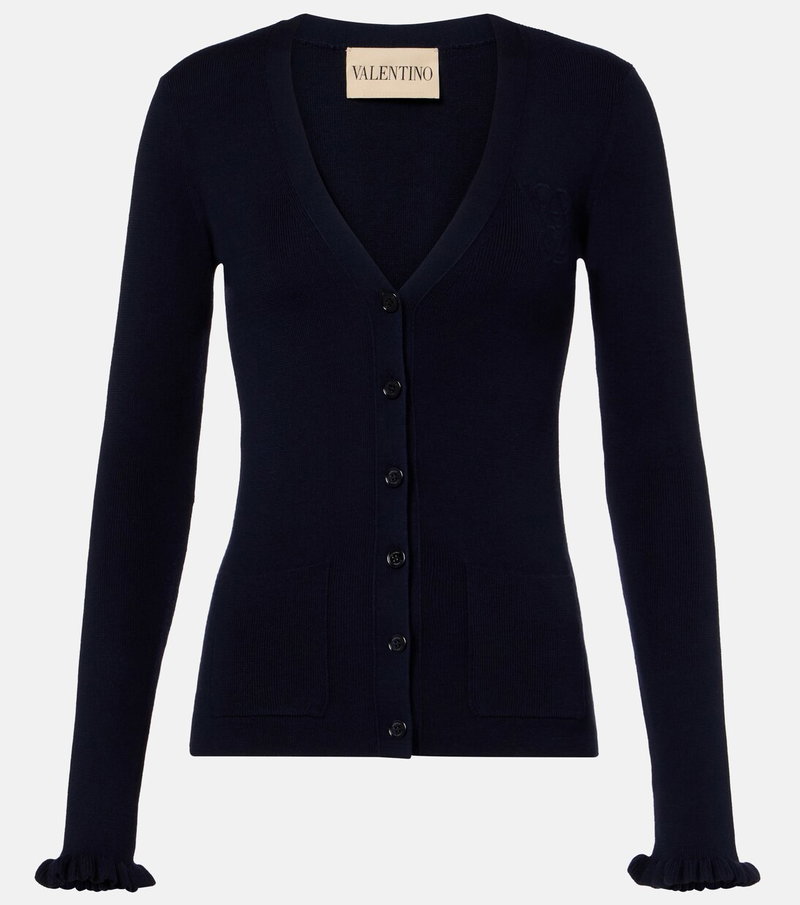 Navy V-neck cardigan with ribbed cuffs, Valentino branding