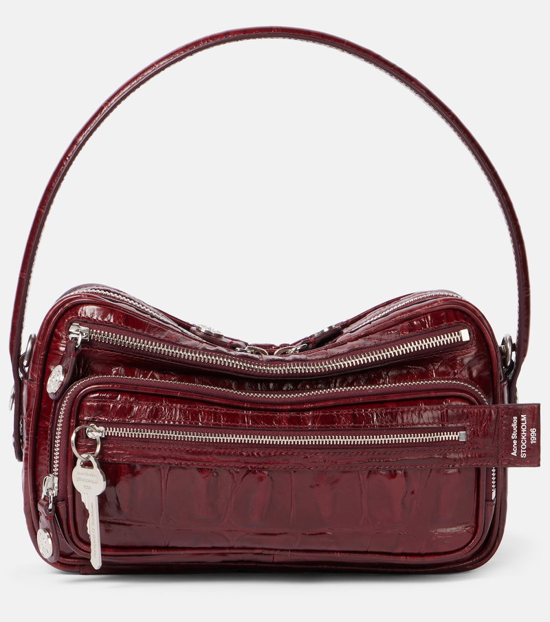Red crocodile-embossed shoulder bag with silver hardware