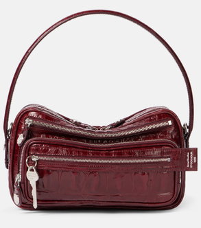 Red crocodile-embossed shoulder bag with silver hardware