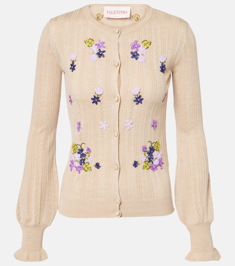 Cream-colored cardigan with lilac floral embroidery