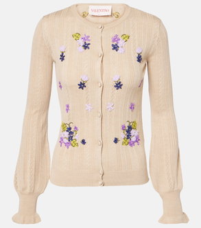 Cream-colored cardigan with lilac floral embroidery