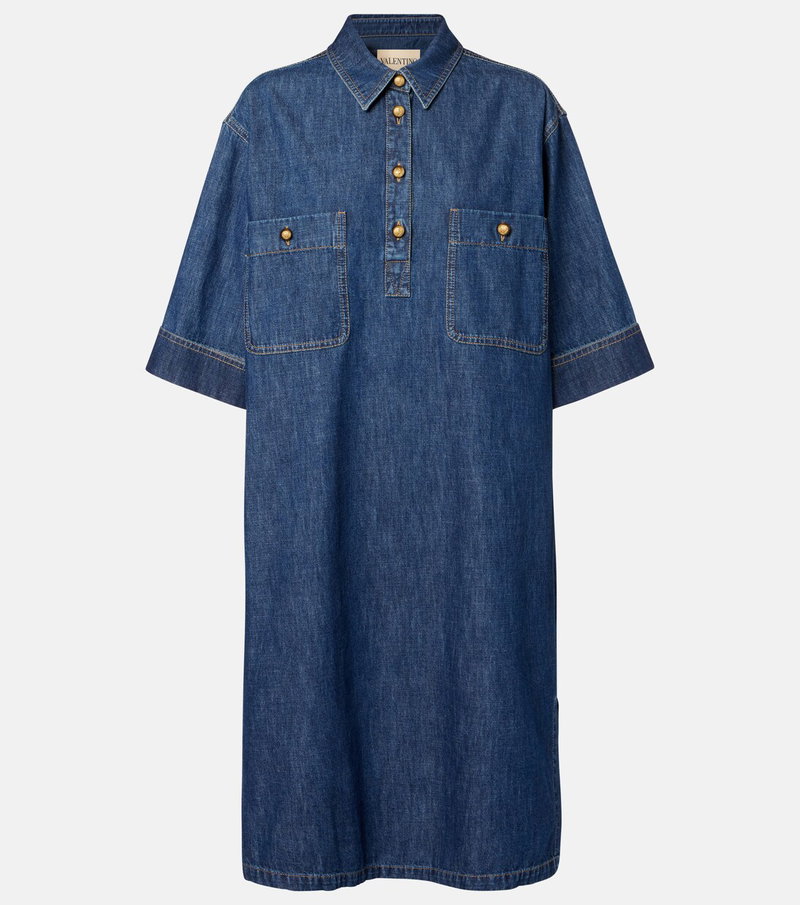 Dark-wash denim dress with button closures and pockets