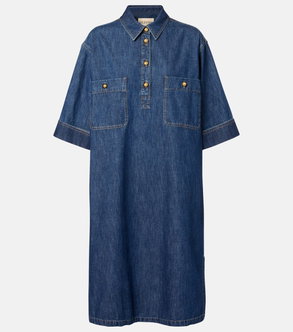 Dark-wash denim dress with button closures and pockets