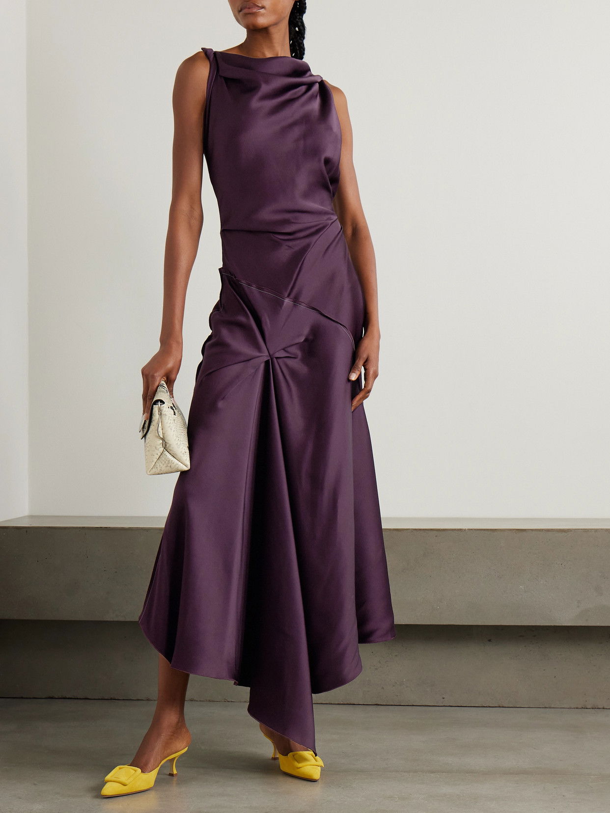 asymmetric gathered satin midi dress Victoria Beckham Twist Dress