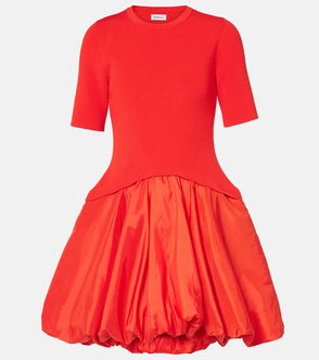 Red ribbed knit dress with voluminous balloon skirt.