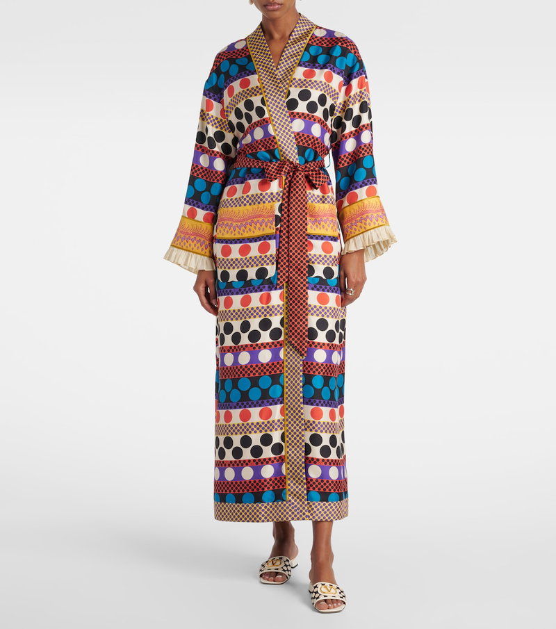 Valentino patterned robe with fringe, worn by a model.