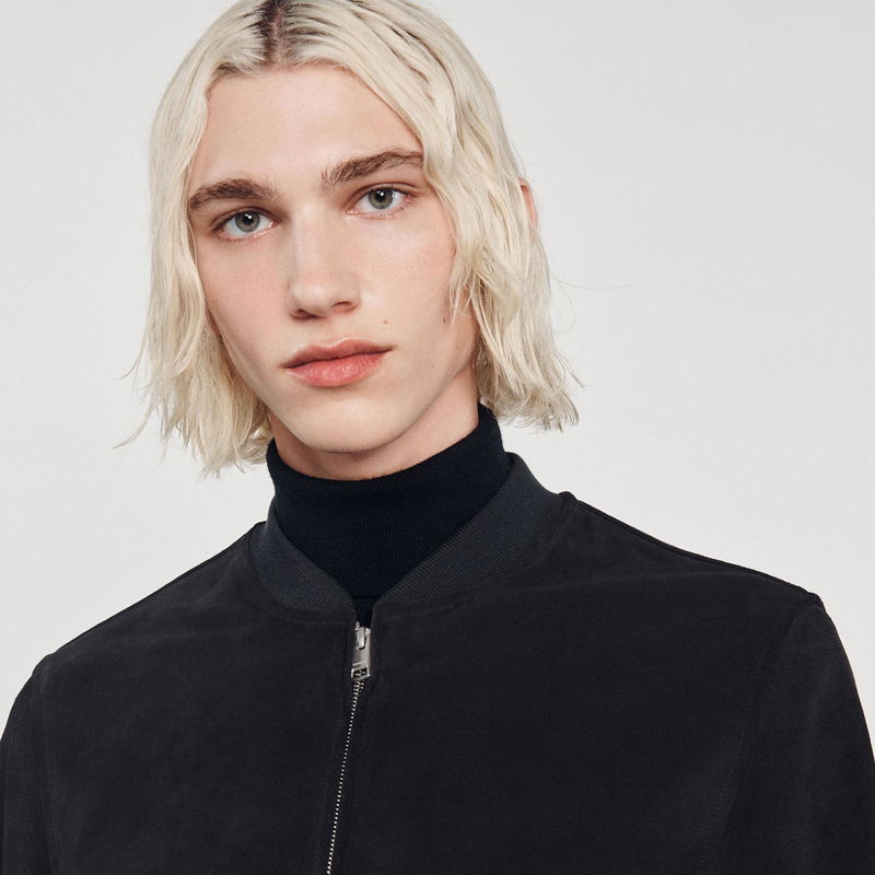 Sandro model in black suede bomber jacket