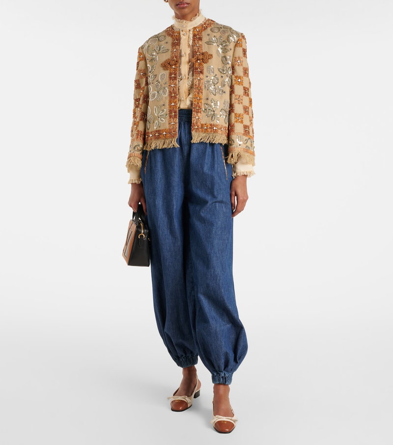 Valentino embellished jacket with floral embroidery, paired with denim culottes and shoes.
