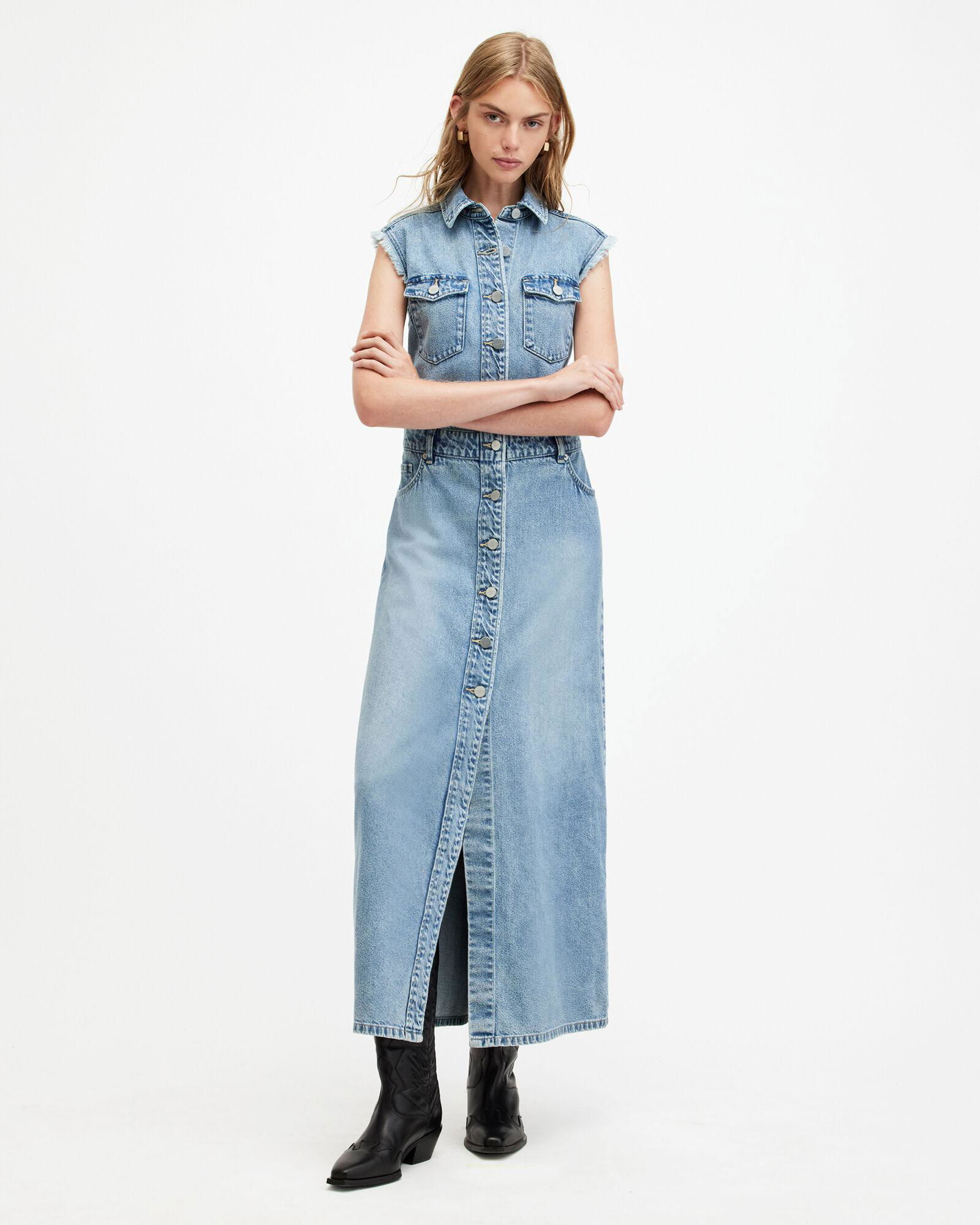 ALLSAINTS Blair Sleeveless Denim Maxi Dress in Light Indigo | Endource