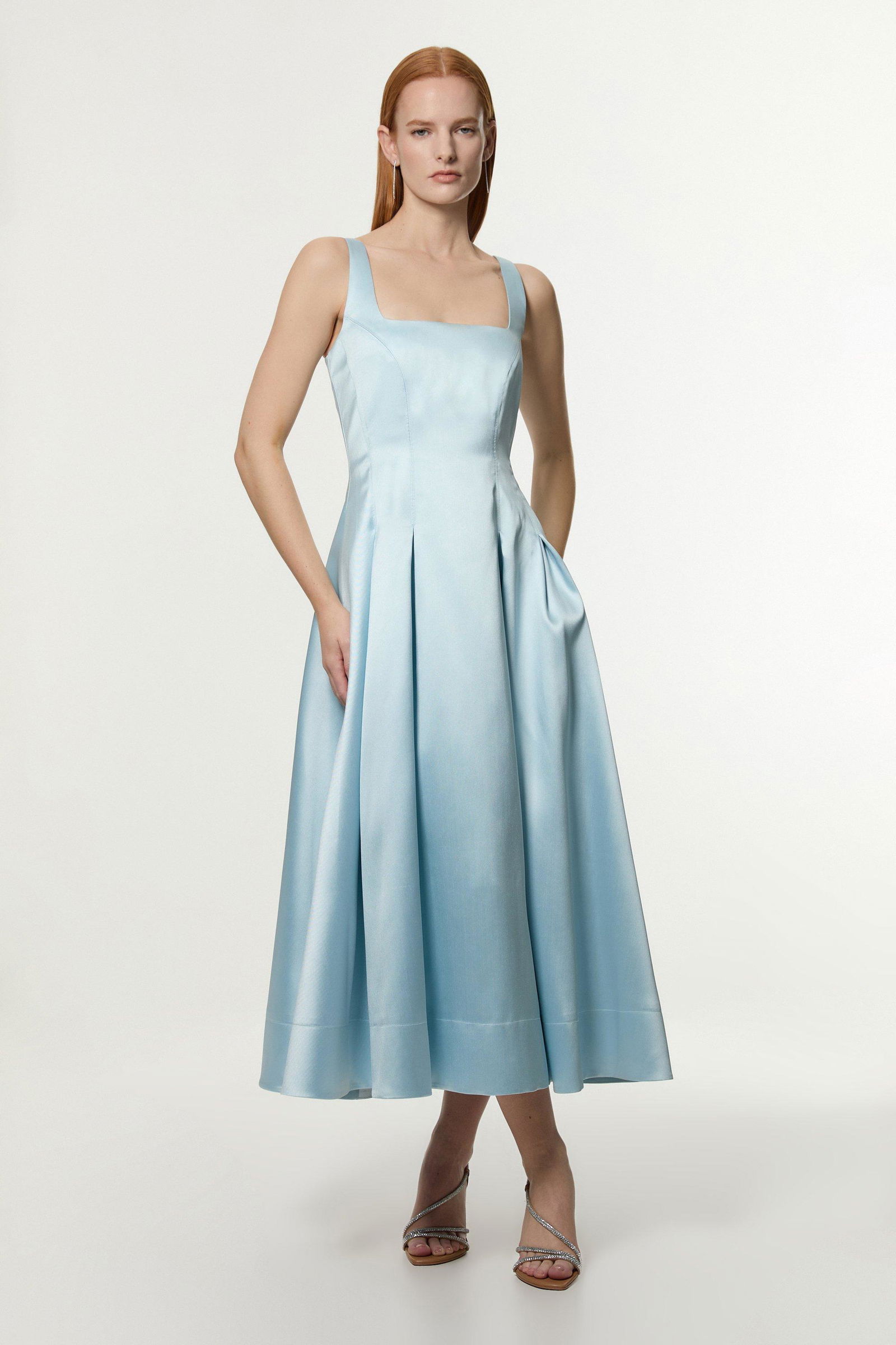 karen millen pale blue dress Karen Millen Petite Compact Stretch Square Neck Tailored Full Skirted Maxi Dress in Pale Blue