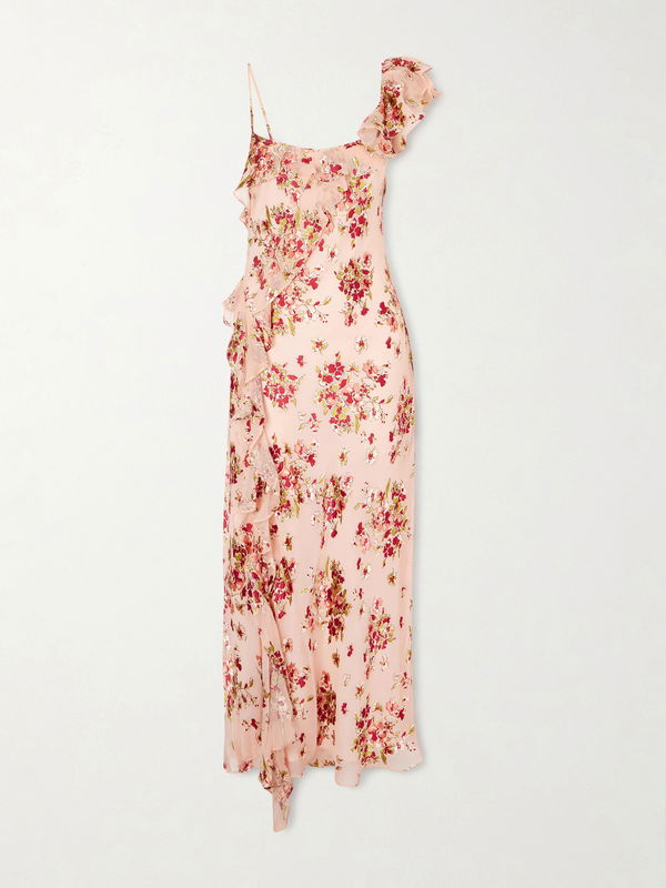 Rixo Asymmetric Floral-Print Chiffon and Dévoré-Velvet Maxi Dress
