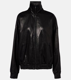 Black leather bomber jacket with a zip-up front and pockets