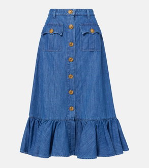 Valentino denim midi skirt with gold buttons and a tiered hem.