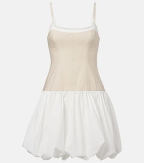 Beige and white ruched bodice mini dress with puffed skirt