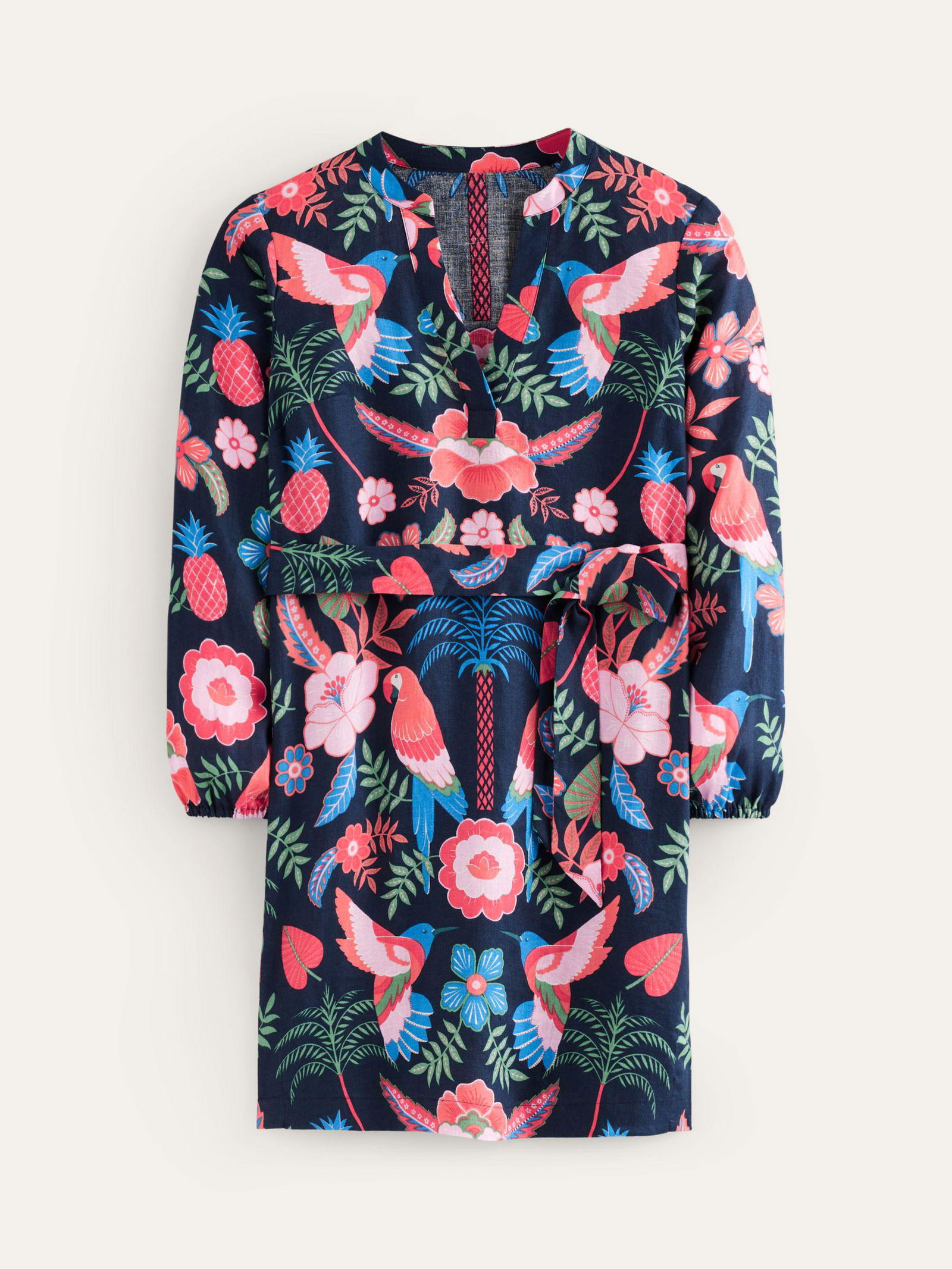 BODEN Cleo Linen Tie Waist Tropic Parrot Dress | endource