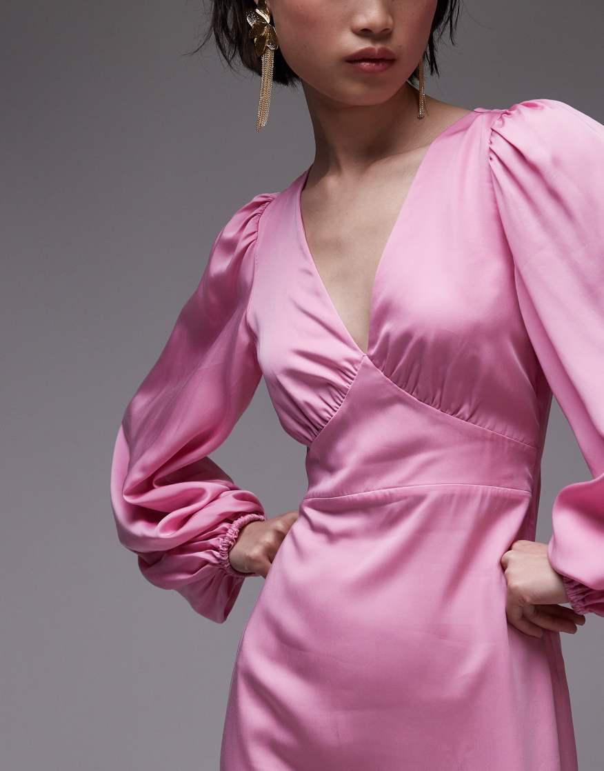 pink satin midi dress with sleeves Berry Coast Blouson Sleeve Satin Midi Dress