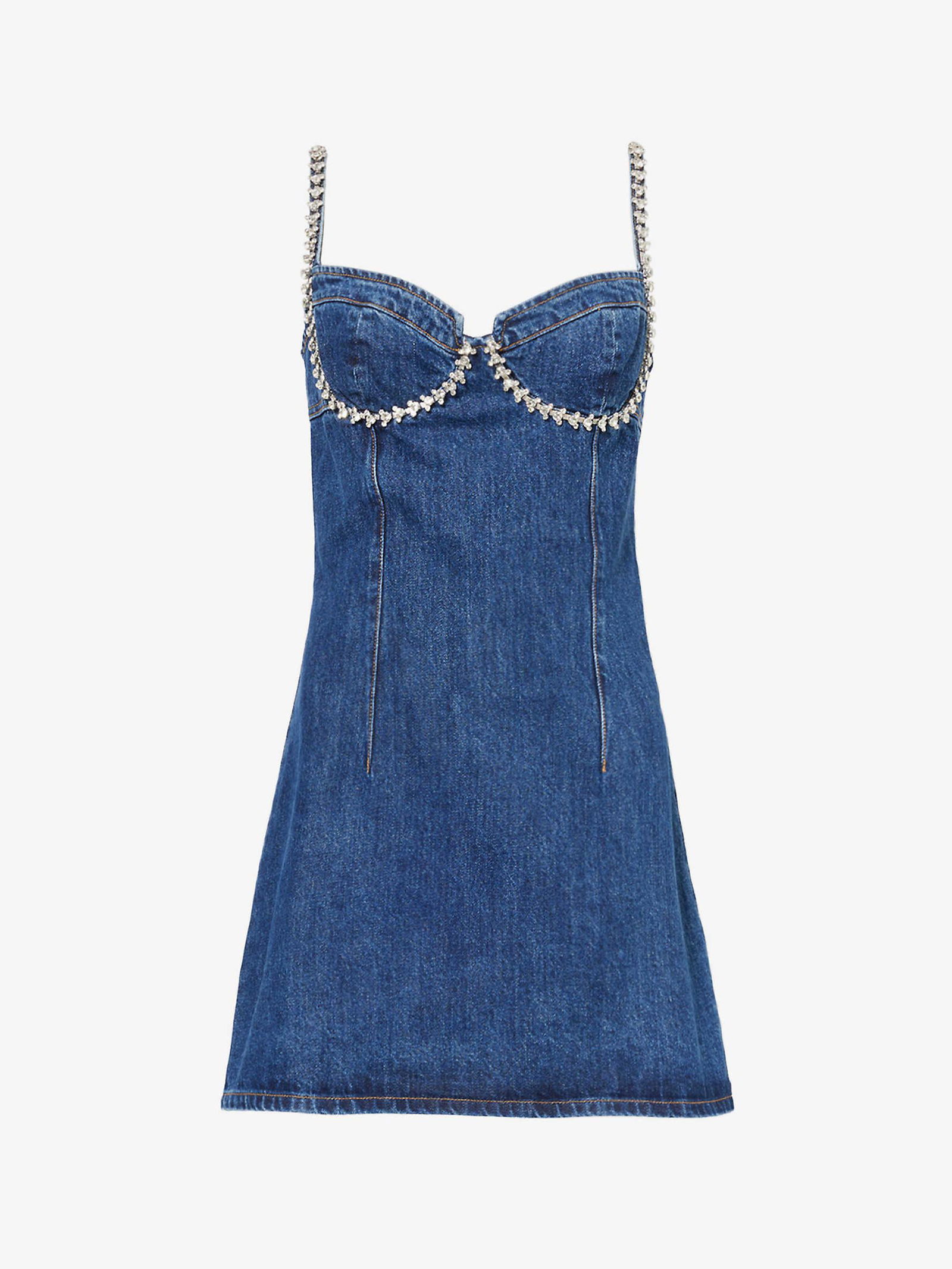 white christmas dresses Denim Crystal Trim Mini Dress – self-portrait-US