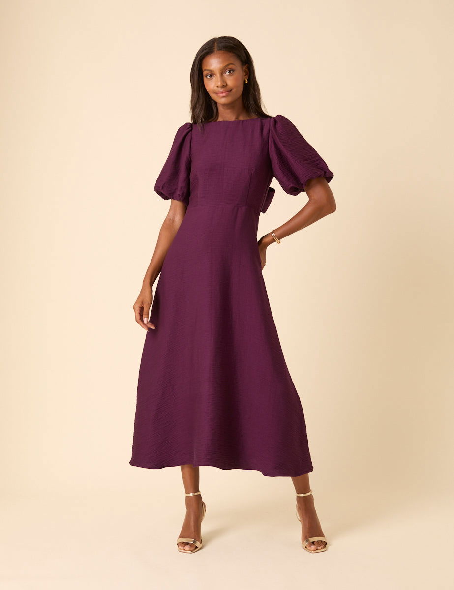 purple midi dress with sleeves Draped Bardot Midi Dress Purple