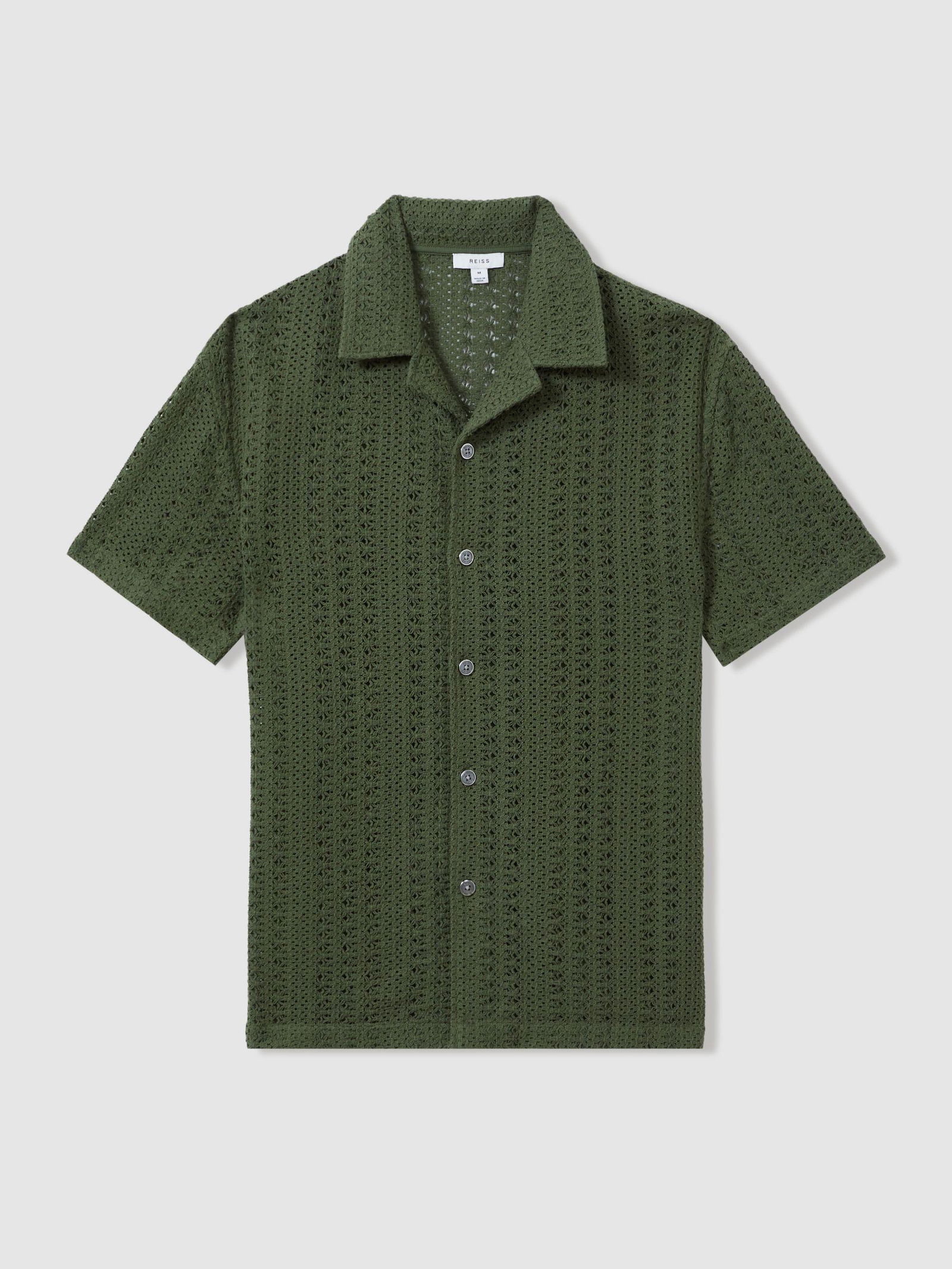 REISS Paradise Cotton Crochet Cuban Collar Shirt in Olive Green | Endource