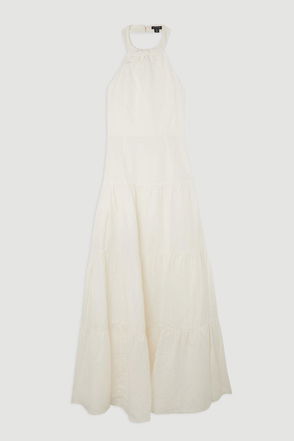 KAREN MILLEN Premium Ruched Halter Strappy Maxi Dress in Ivory