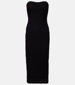 Black lace-trimmed strapless evening gown